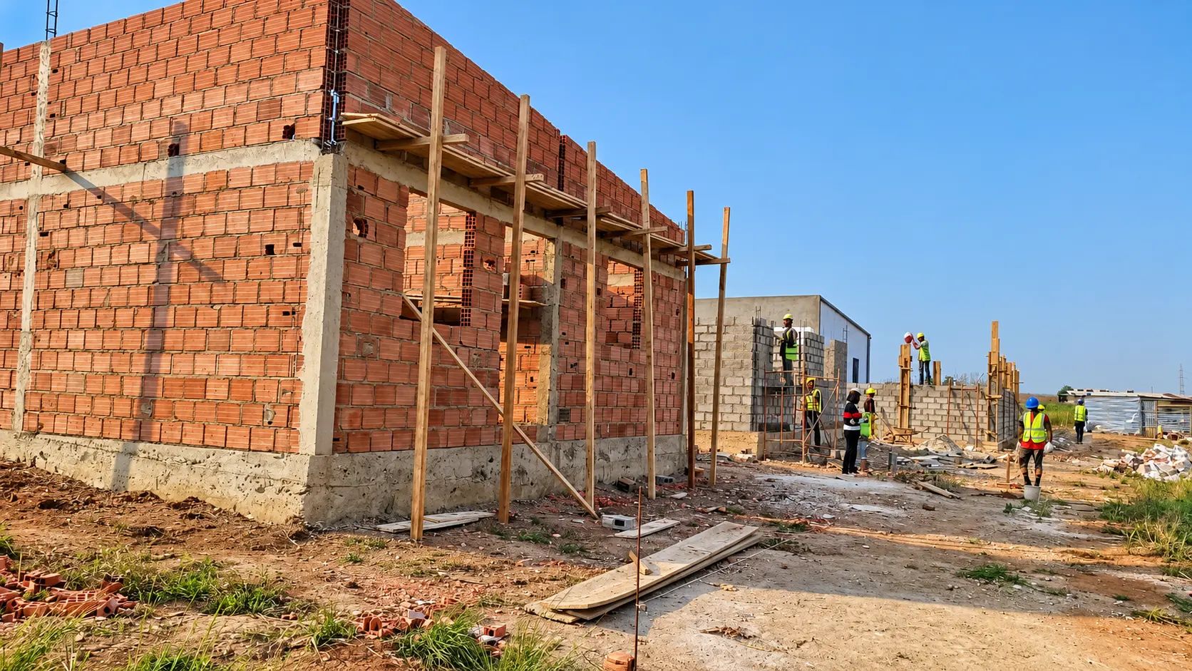 Moradias em construção com estrutura em tijolo e andaimes